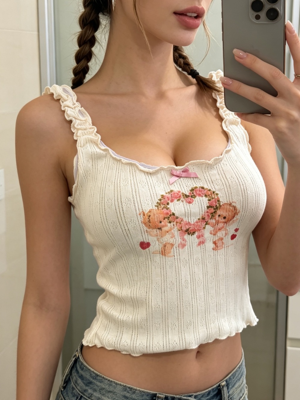 Women’s Cream Ribbed Tank Top with Floral Heart Print